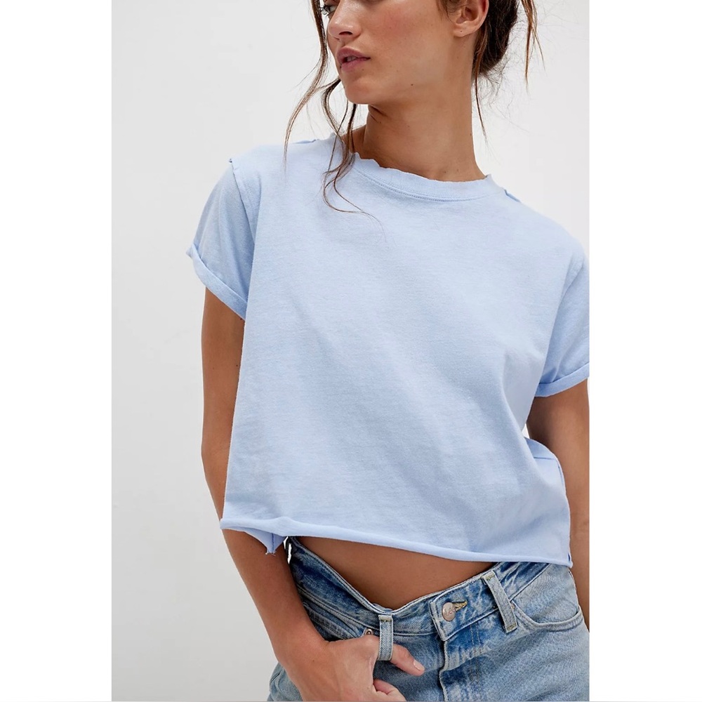 Free People We The Free The Perfect Tee Light Blue Casual Cotton Cropped Basic - Picture 1 of 11